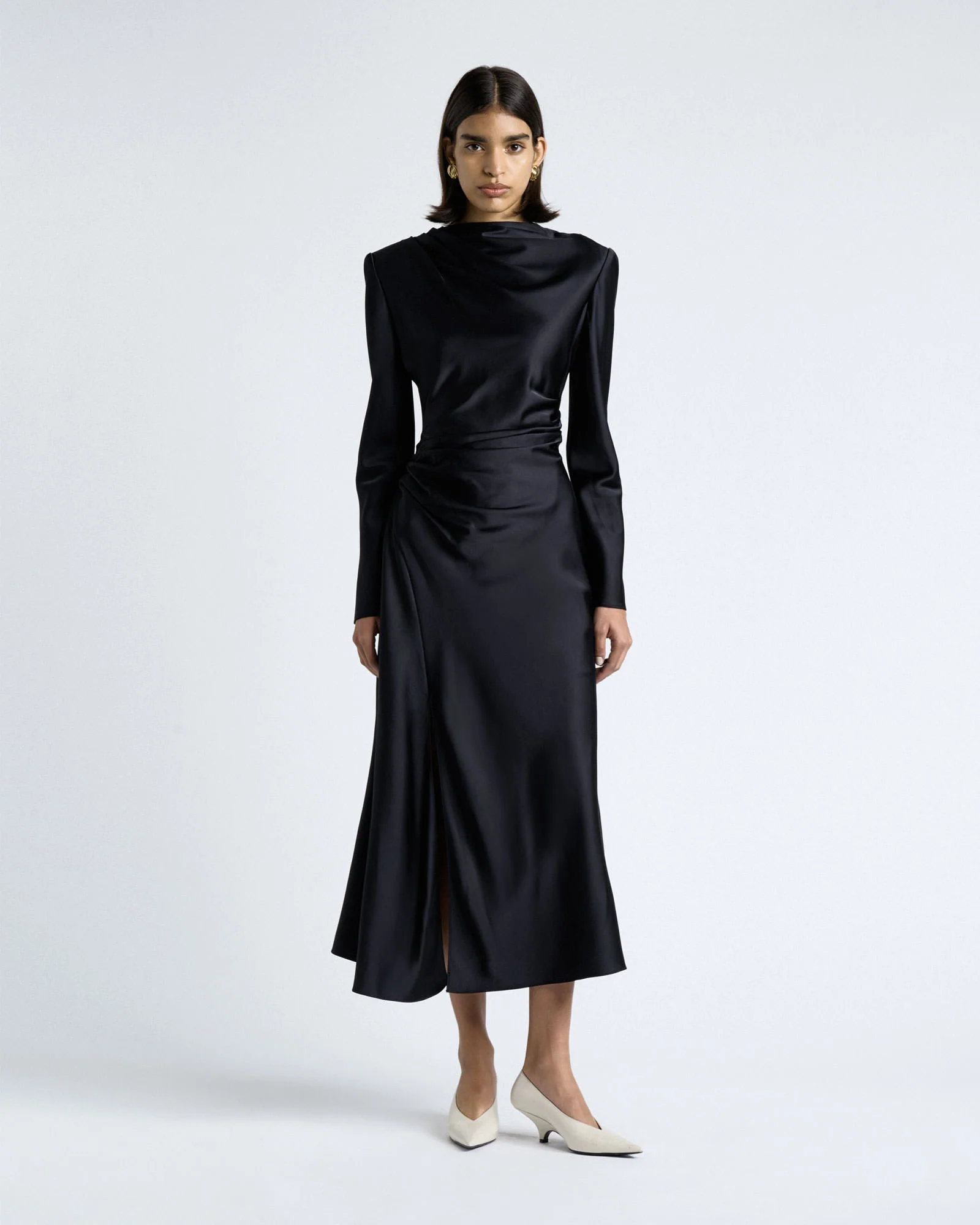 Dark Ink Matte Satin Viscose Gathered Midi Dress