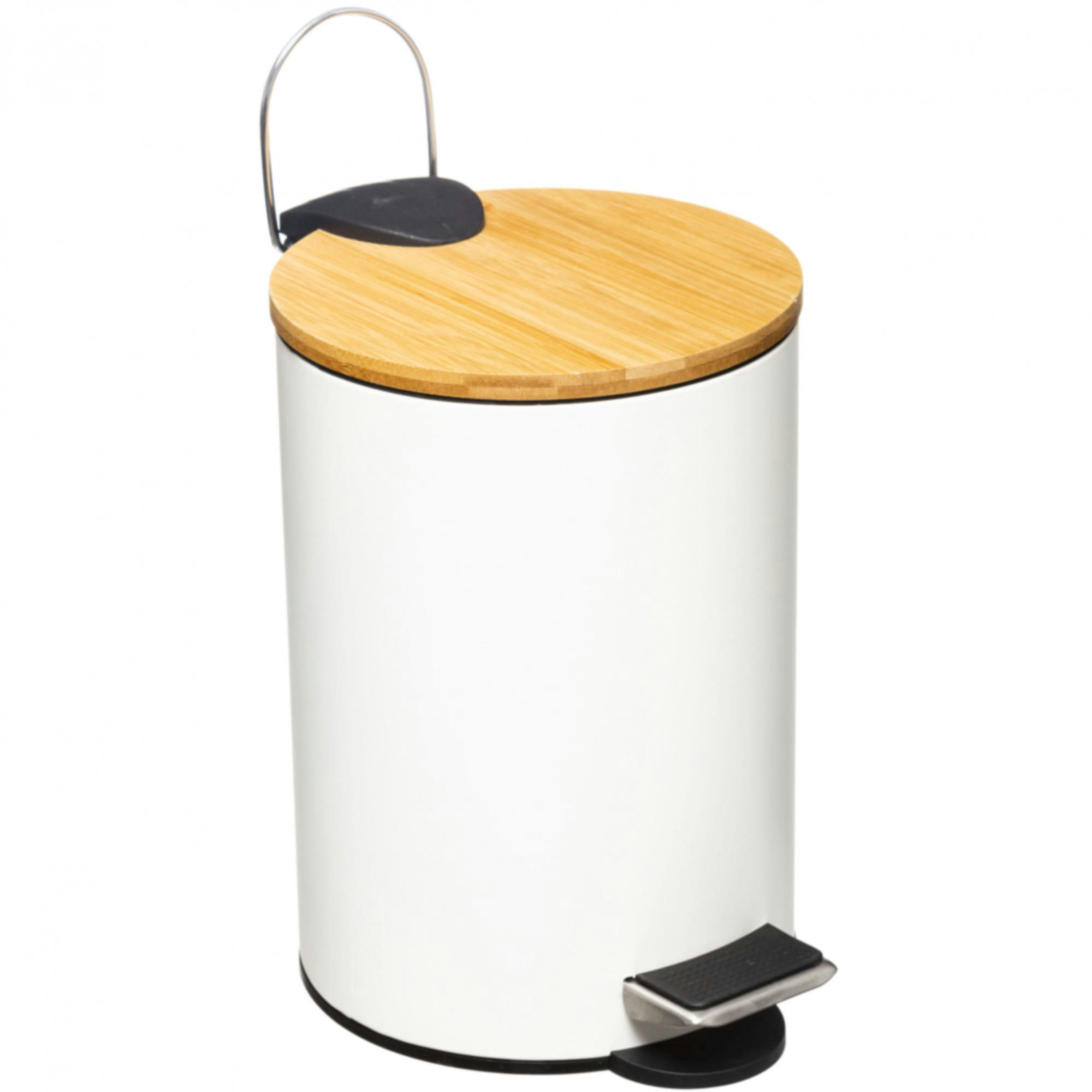 - Poubelle salle de bain métal blanc couvercle bambou - 3L