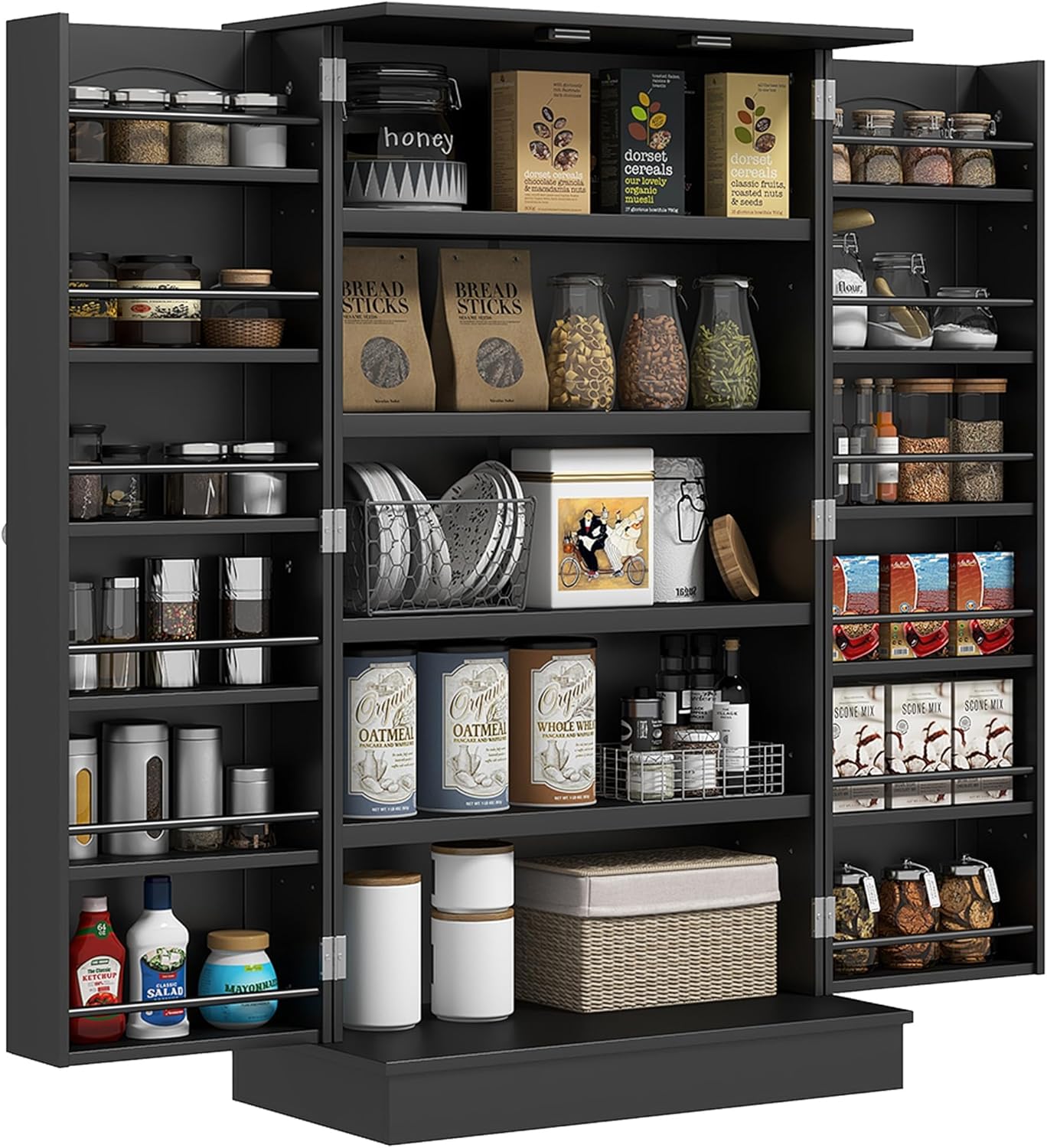 HOMCOM 41 Kitchen Pantry Storage Cabinet, Freestanding Kitchen Cabinet with 12 Door Shelves, Double Doors, 5-Tier Shelving and Adjustable Shelves, Black