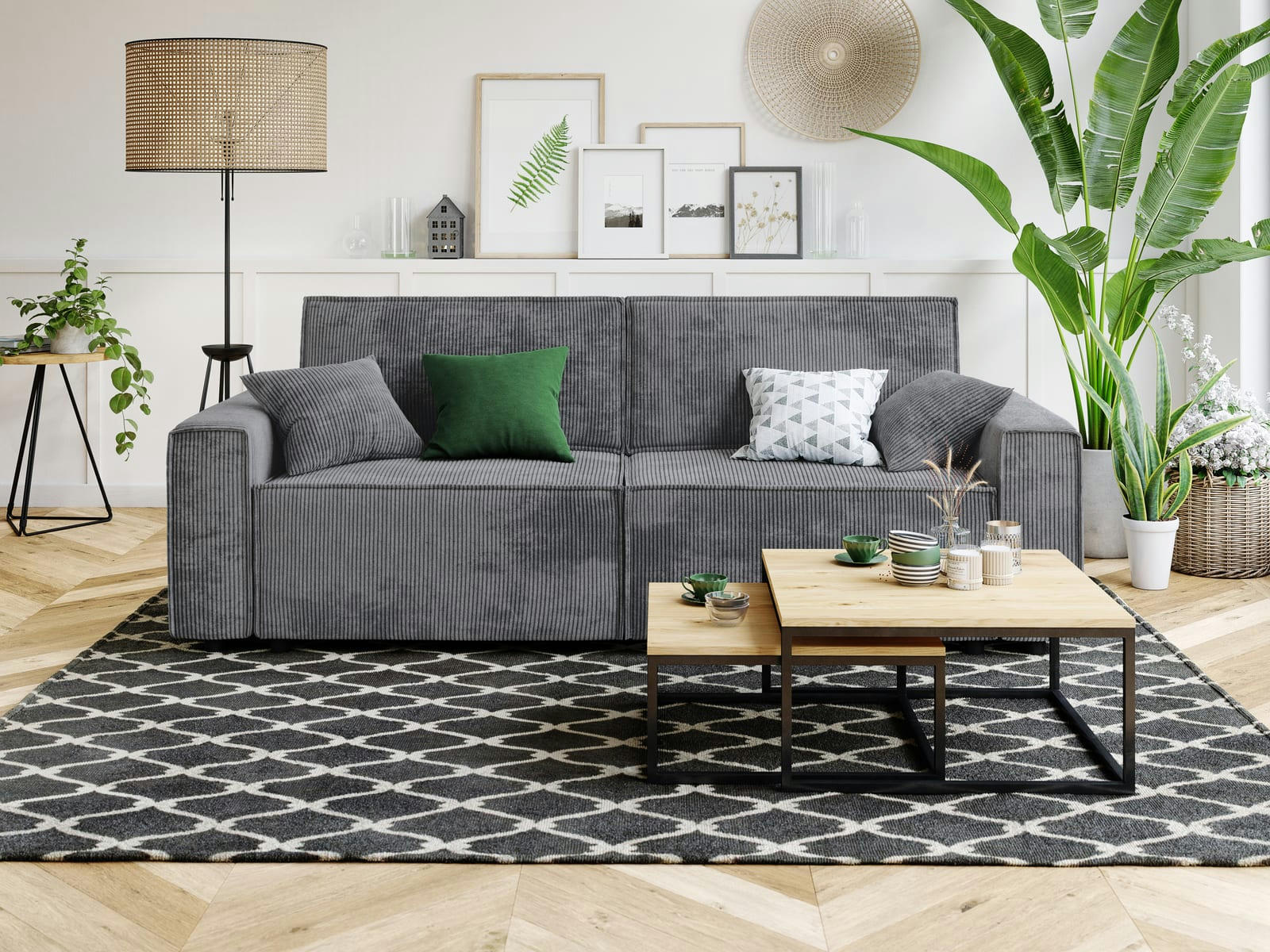 MIRA - Canapé droit convertible en velours côtelé 3 places gris souris