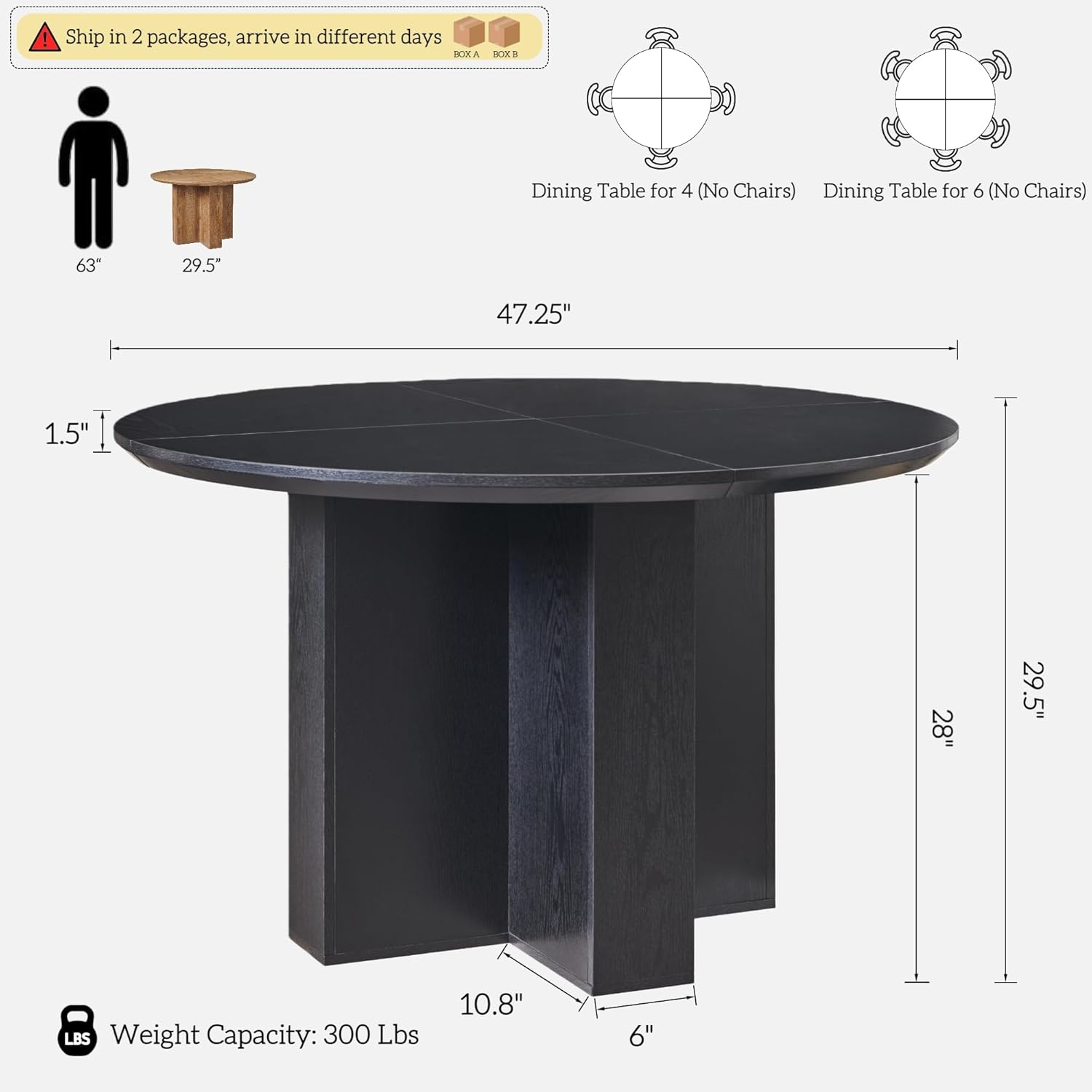 OKD 47 Inch Modern Wood Round Dining Table for 4, Dining Room Table with Stable Cross Pedestal Base & Thick Tabletop, Sturdy Circle Kitchen Table for Dinner Room, Kitchen, Nook, Black Oak