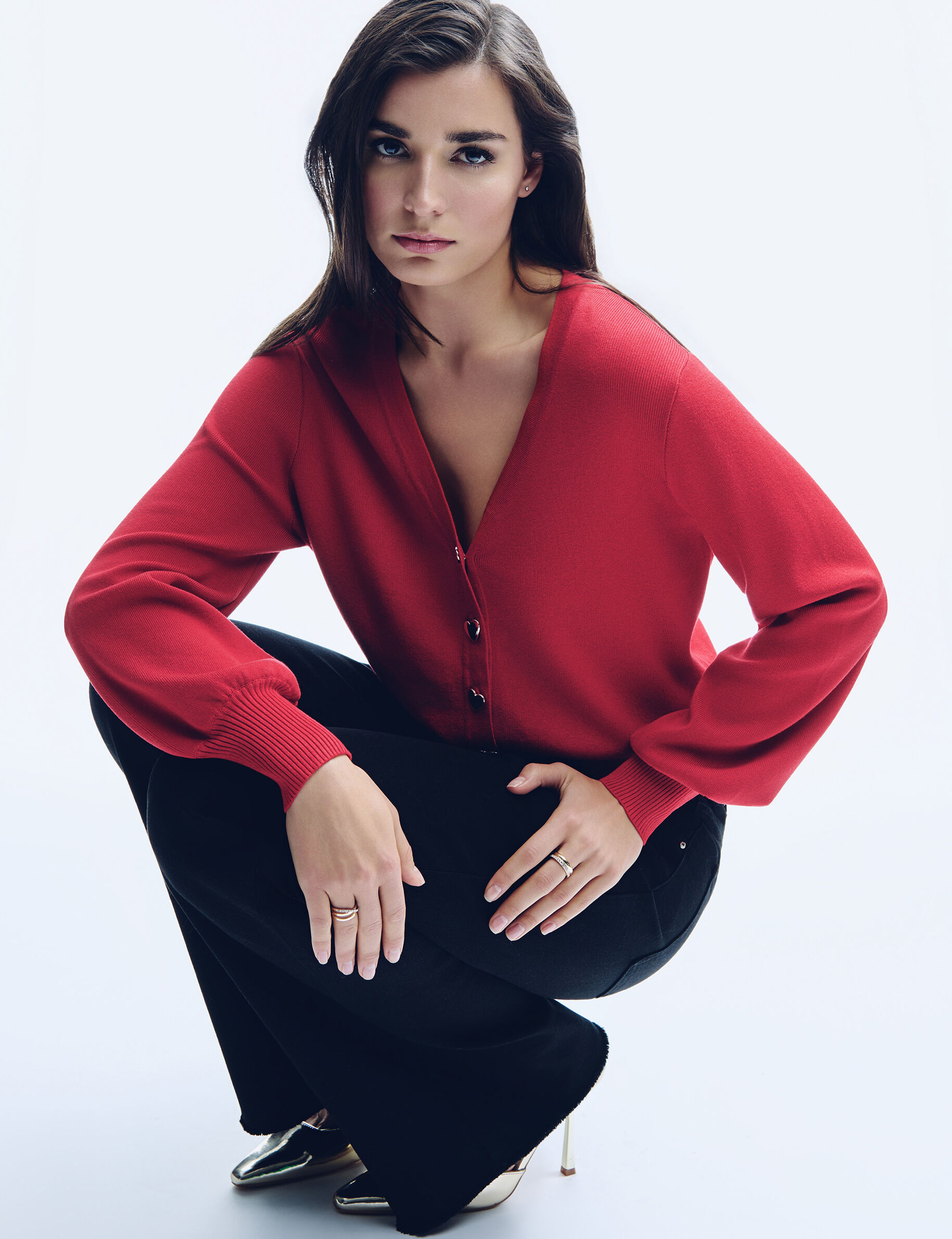 Fitted V-Neck Cardigan Red Women