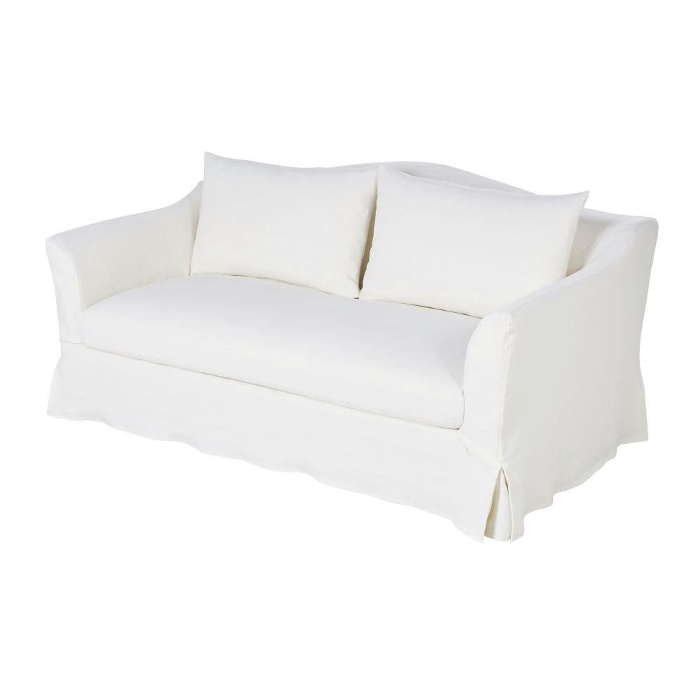 Anaelle - Canapé convertible 2 places en lin supérieur blanc, matelas 10 cm