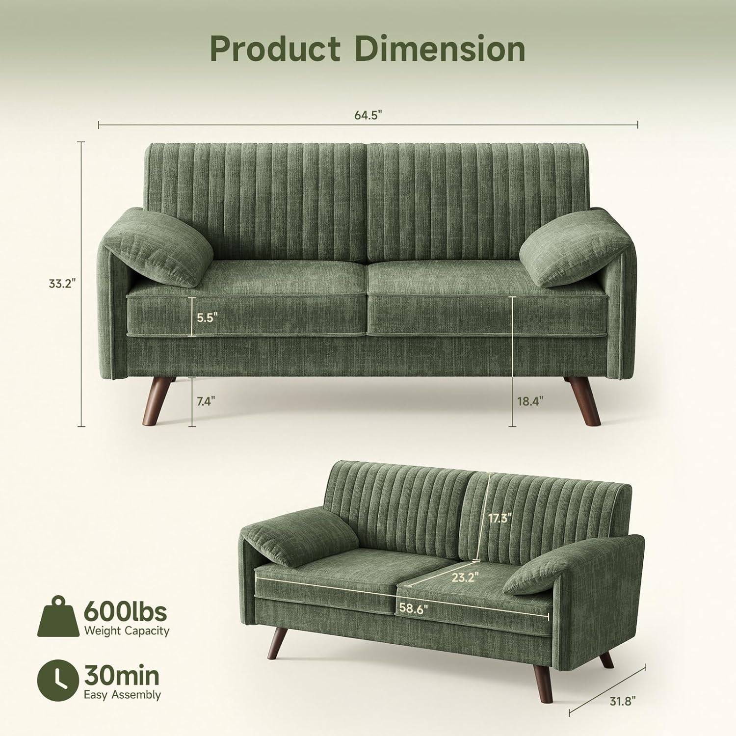 ONBRILL 64.5 Loveseat Sofa, Chenille Loveseat Couch for Living Room, 23.2 Deep Seat Love Seat with Padded Arms, Comfy Modern Small Couches for Bedroom, Small Spaces, Dorms, Office, Green