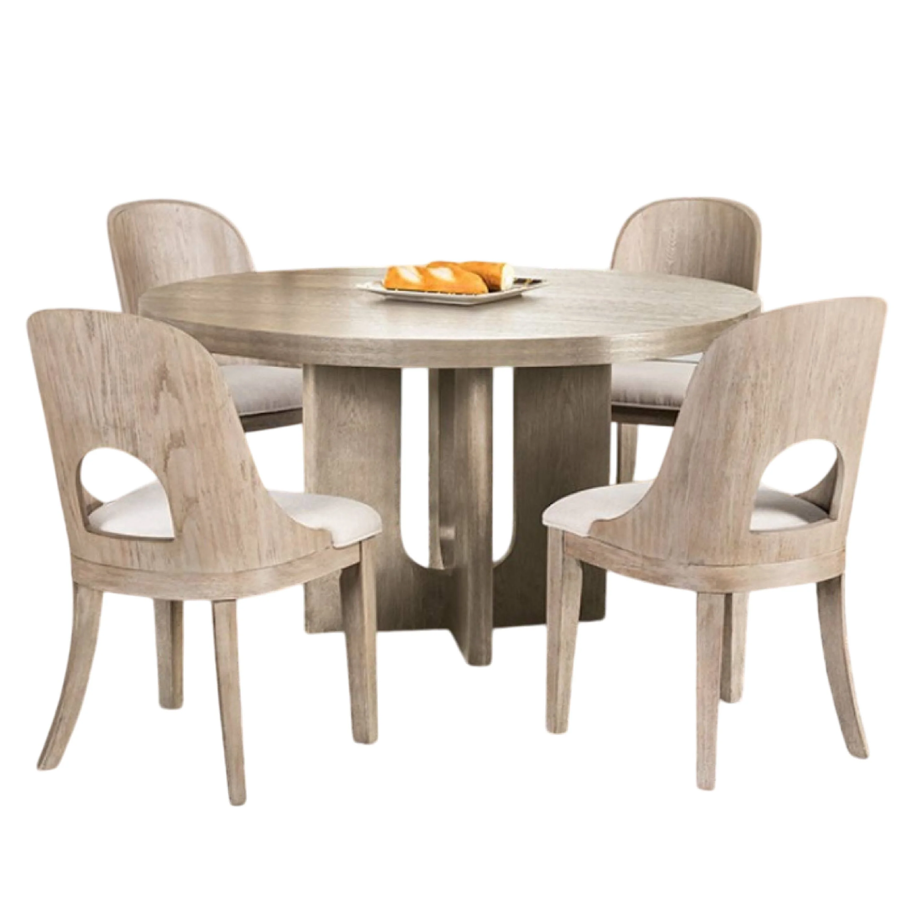 Zoko 5pc Round Dining Table Set, Polyester Chairs, White, Solid Wood