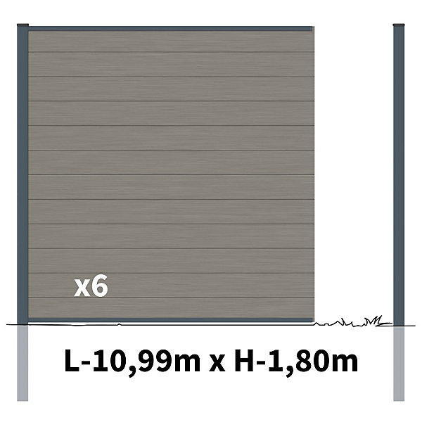 Kit Clôture Bois Composite Platine 11x1,8m RIO - Poteaux en Aluminium Gris - Brise Vue - Palissade