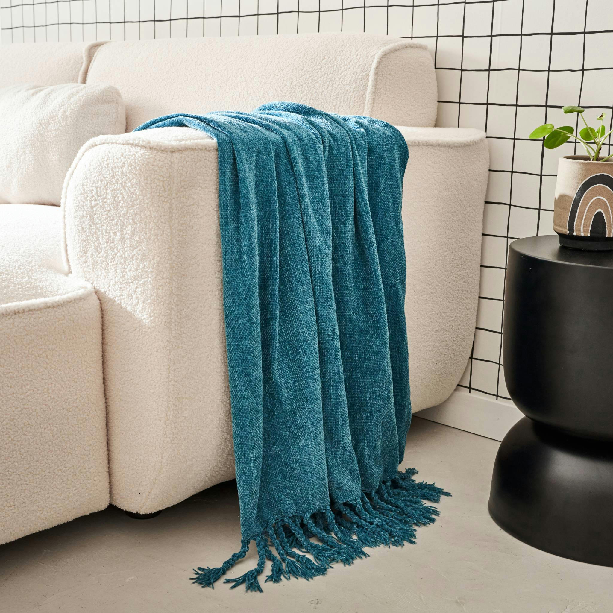 SUZANNE - Plaid chenille bleu émeraude 130x170cm