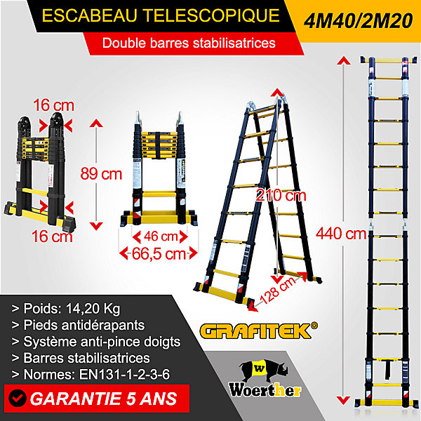 Escabeau-échelle télescopique professionnelle 4m40-2m20 plus Plateforme , Marque Woerther, qualité supérieure, Garantie 5 ANS