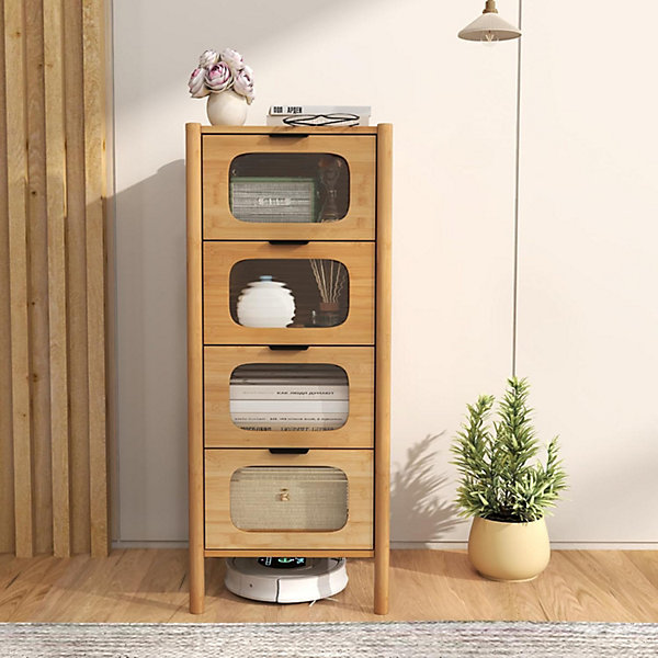 Commode Chambre à 4 Tiroirs, Tiroirs en Verre Trempé Cannelé et Poignées en Métal Noir, Commode en Bambou Naturel