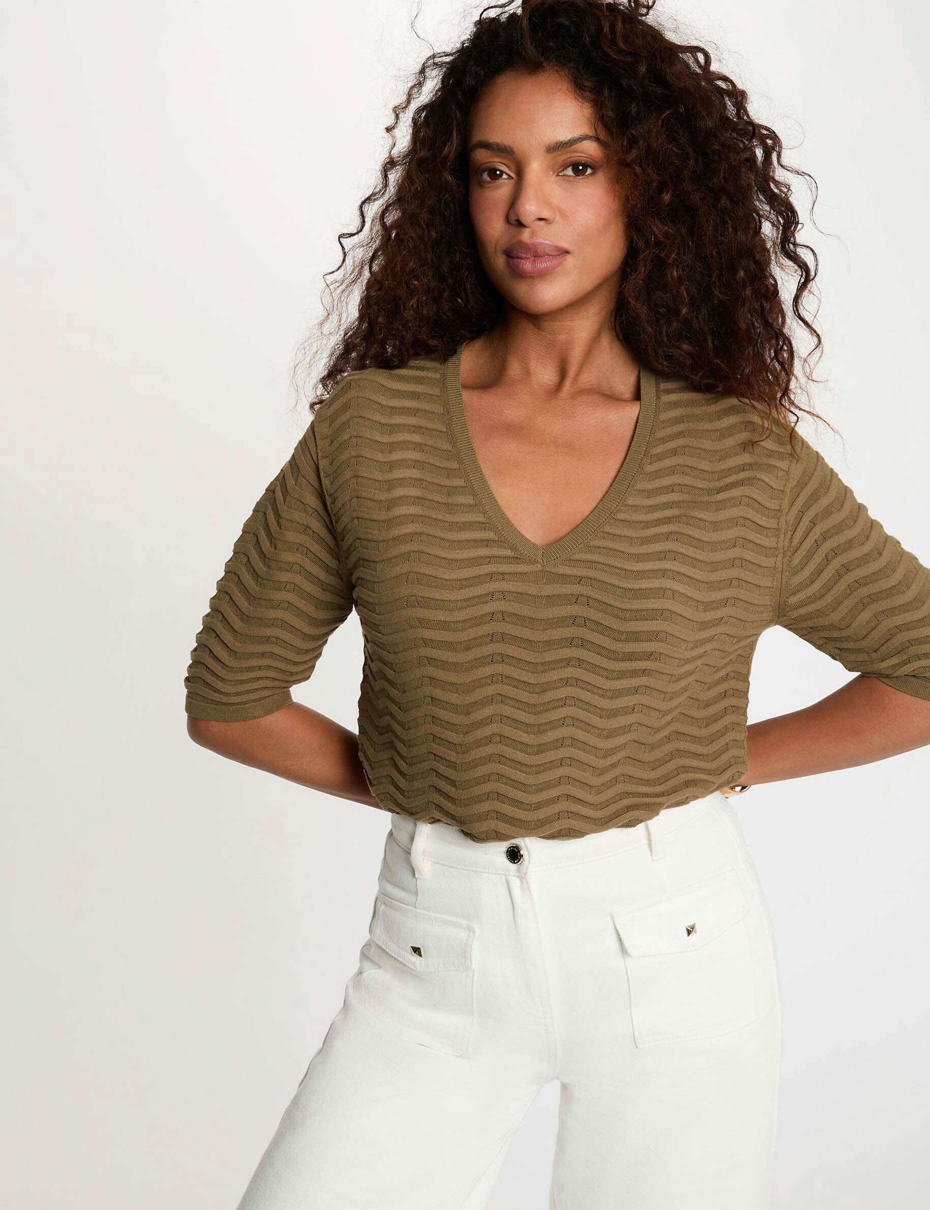 V-Neck Sweater With 3/4 Sleeves Khaki Green Women