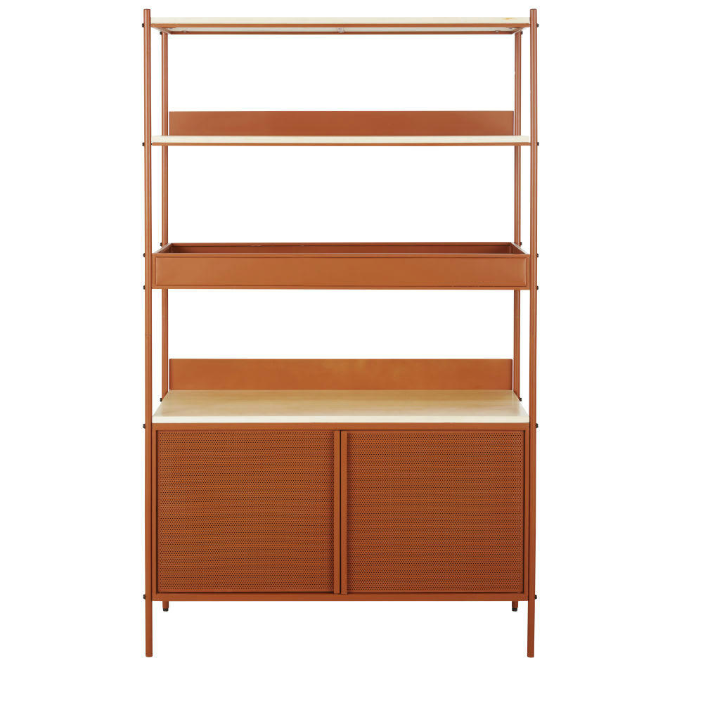 Dely - Etagère 2 portes en bois de peuplier massif et métal marron terracotta