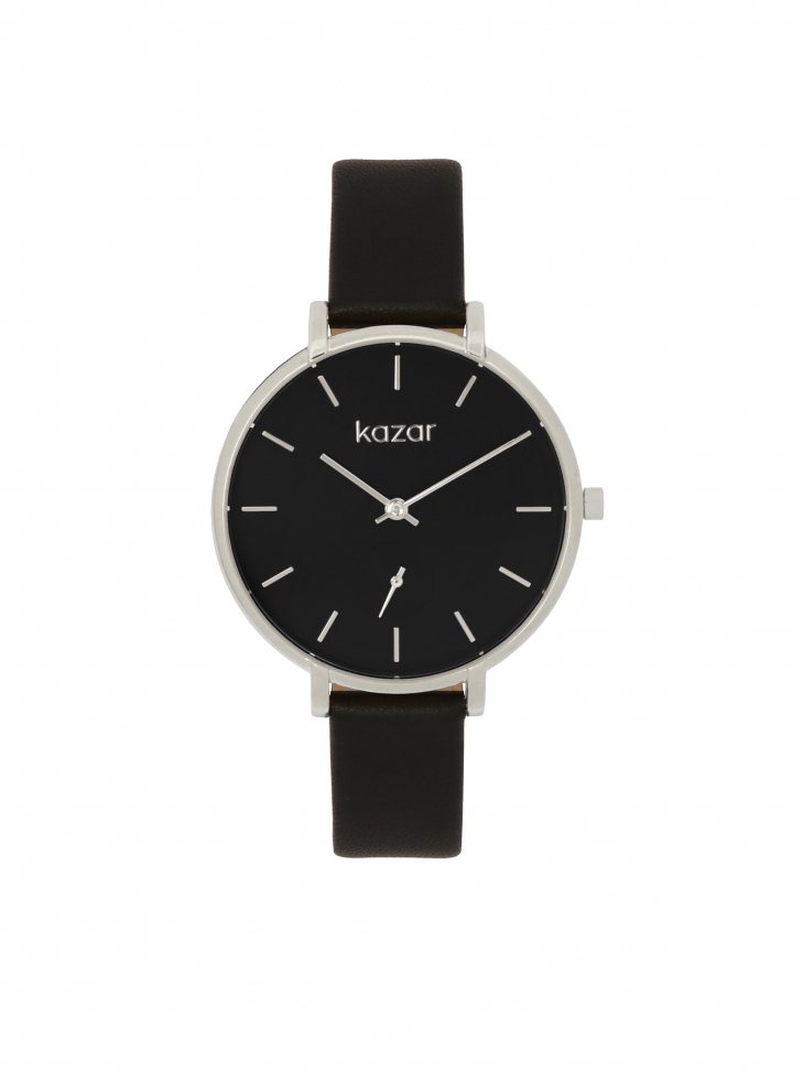 Black and silver watch with leather strap