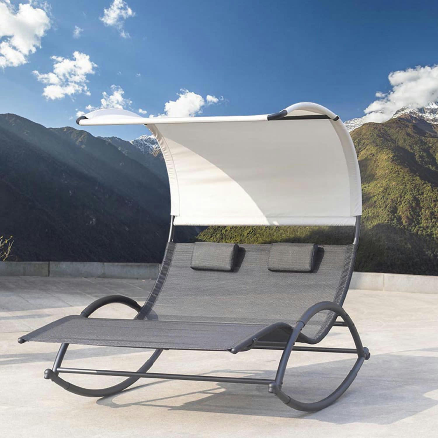 HEIRA - Transat double à bascule avec auvent noir et gris