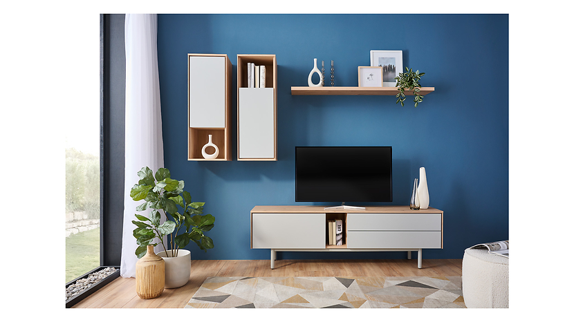 Szafka RTV Ema 180 cm z drzwiami i 2 szufladami orzech jackson hickory/jasny szary