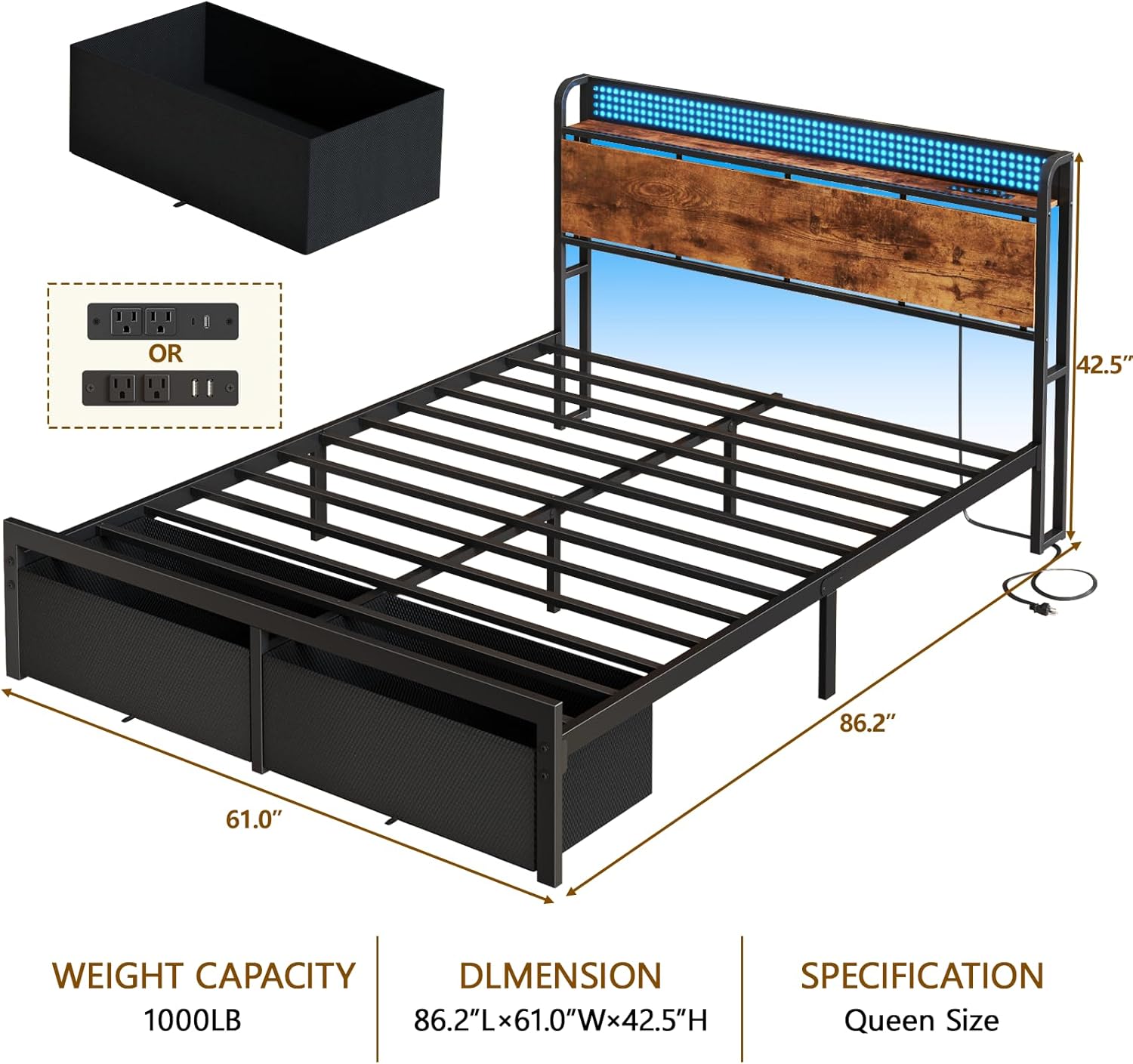 Furnulem Queen Size Bed Frame with Headboard Storage, Platform Bed Frame Queen Size with 2 Drawers, Charging Station and LED Lights, No Box Spring Needed, Noise Free, Easy Assembly (1000 lbs Capacity)