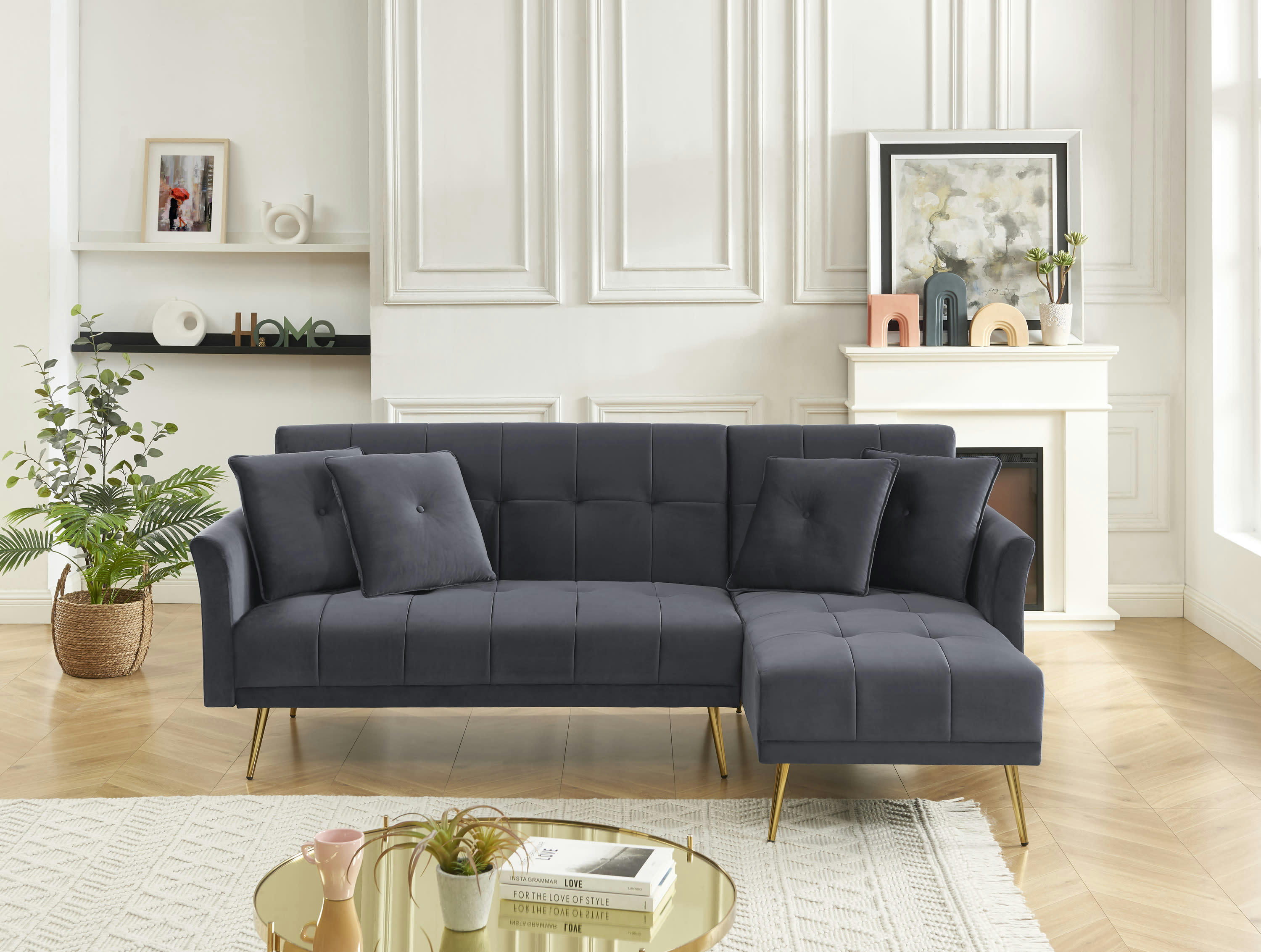 AROMA - Canapé d'angle convertible en velours 4 places anthracite