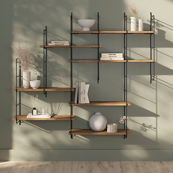 étagère murale modulable 7 tablettes et 6 échelles effet noyer GoodHome Rigga H. 129 x L. 140 x P. 19 cm