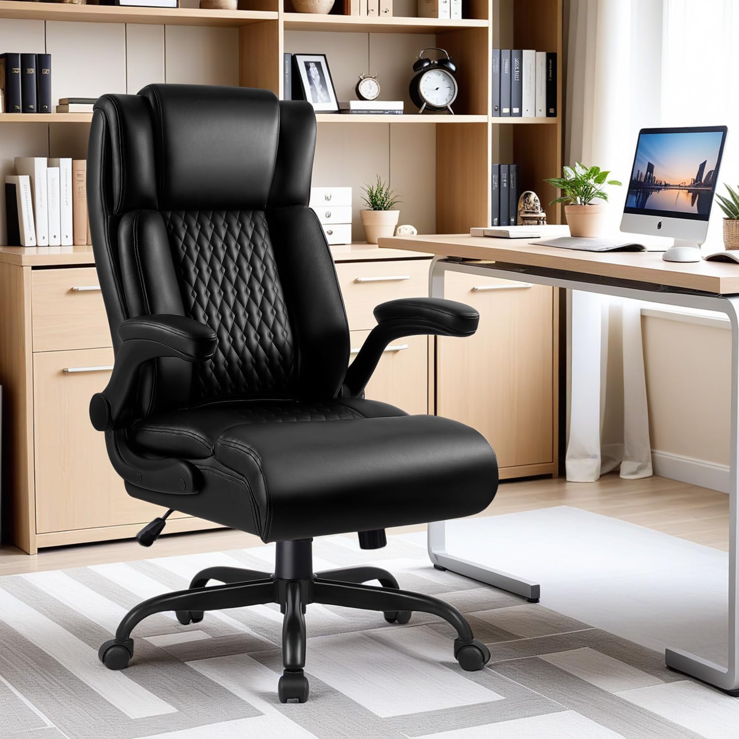 Big and Tall Office Chair 400LBS, Heavy Duty Executive Office Desk Chair with Flip-up Armrest, Ergonomic Swivel High Back Office Chairs with Lumbar Support, PU Leather, Black