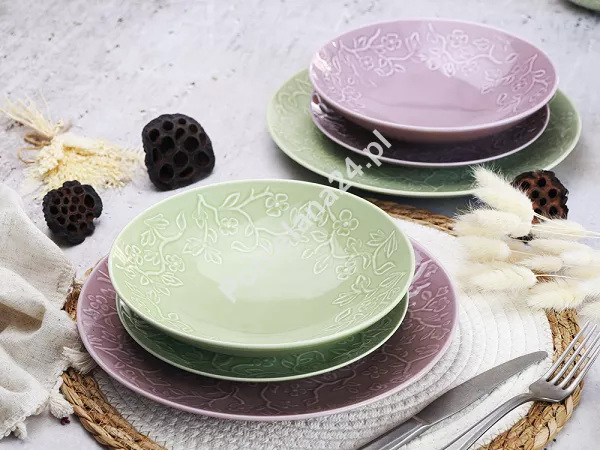Komplet talerzy na 6 osób (18 el) Lubiana - Hanami Pistacjowa Zieleń / Pudrowy Róż