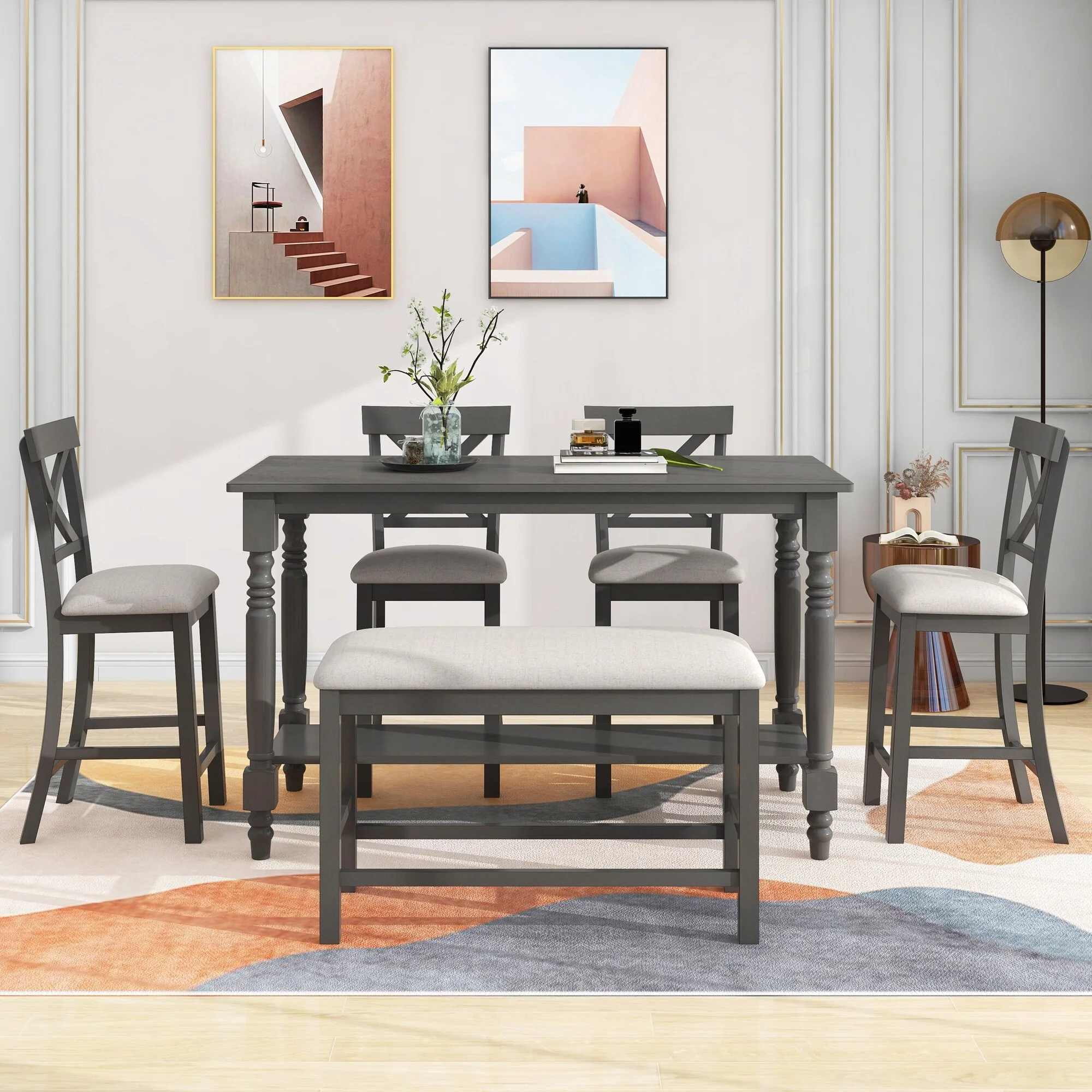 Gray 6-Piece Counter Height Wooden Dining Table Set with 4 Chairs & Bench