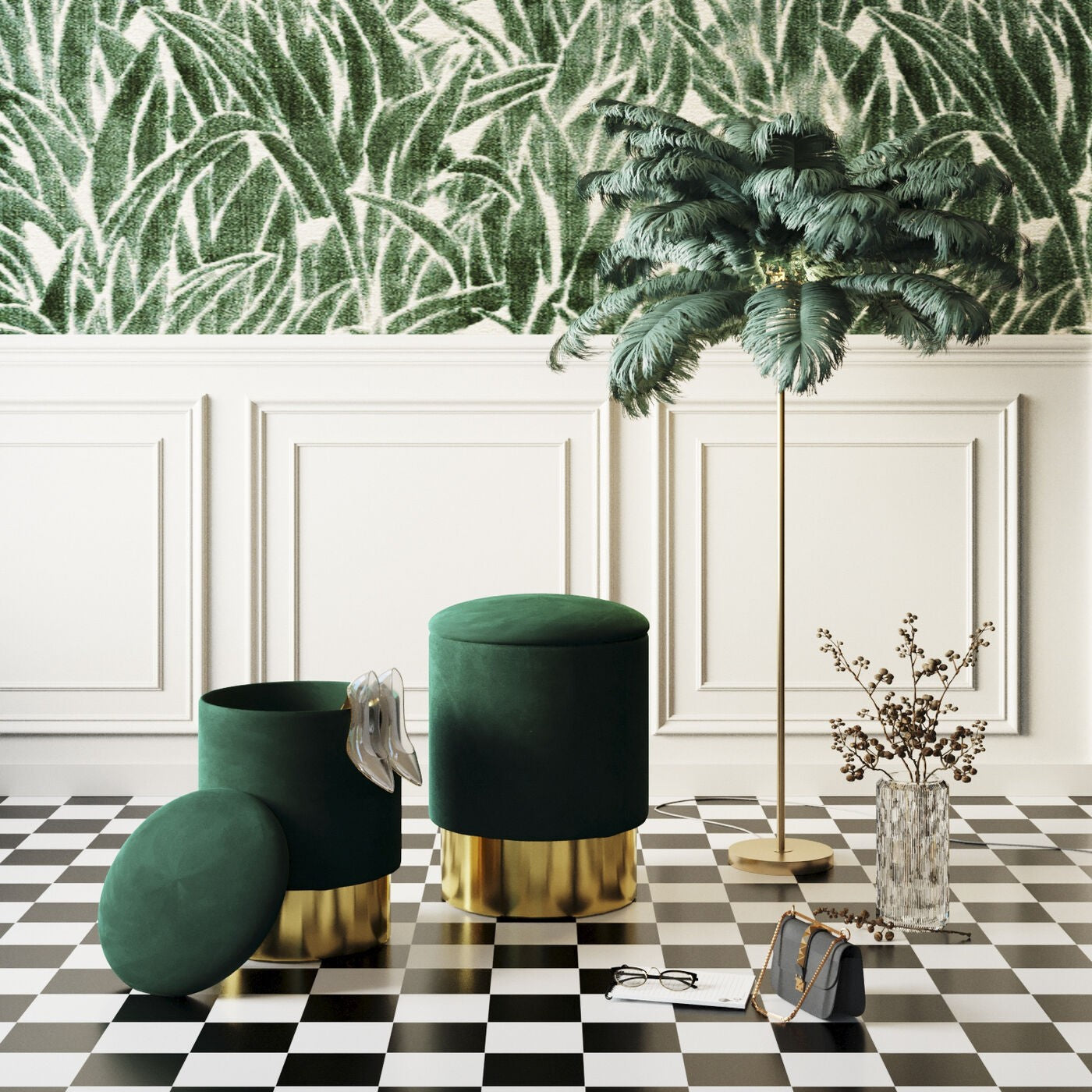 Vloerlamp veren 165cm groen Kare Design