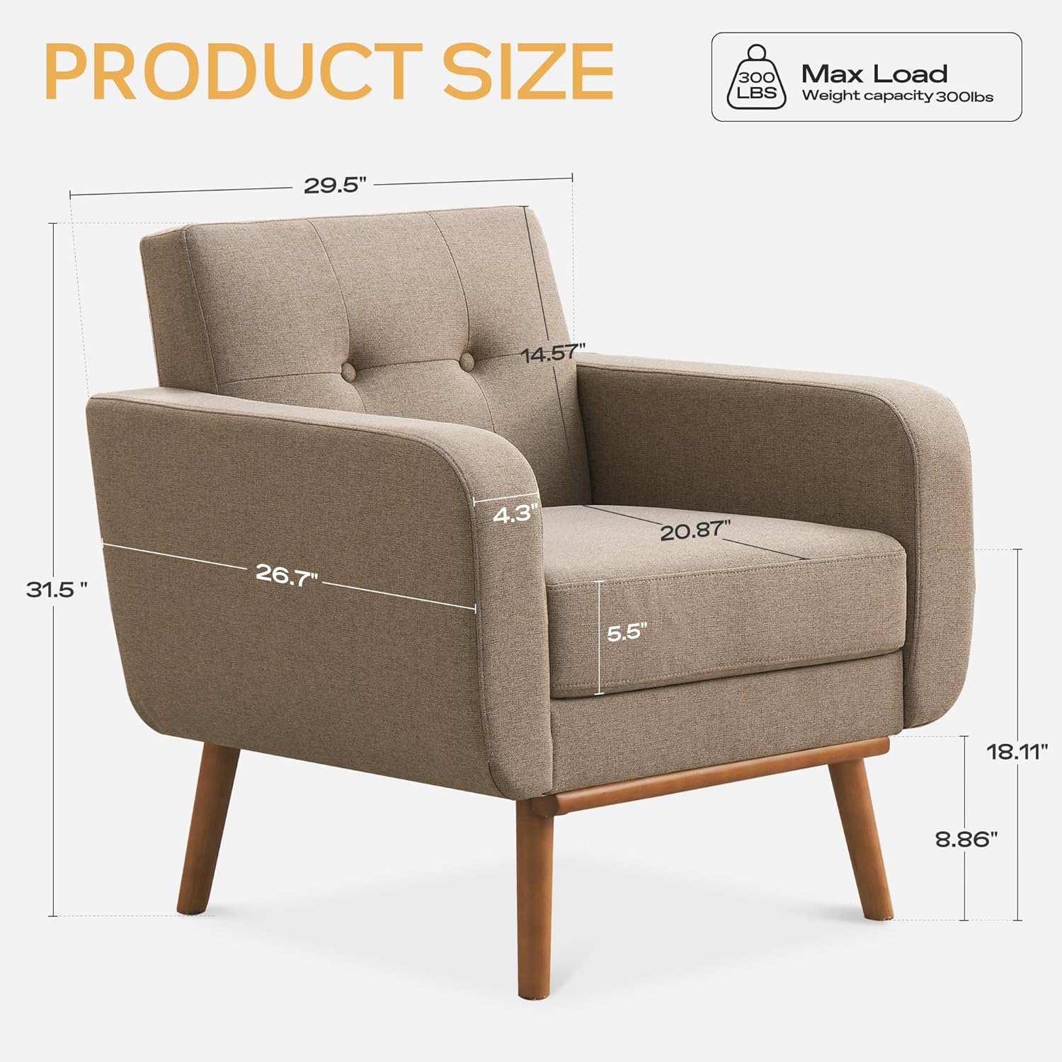 HUIMO Fabric Accent Chairs Set of 2, Button Tufted Living Room Chairs Easy to Install, Mid Century Modern Chair, Upholstered Arm Chair for Living Room Bedroom Study Office (Brown)