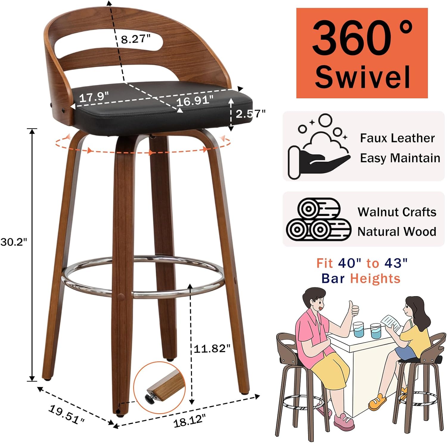 Swivel Bar Stools Set of 3, 30 inch Mid Century Bar Stools with Bentwood Curved Back, Walnut Craftsmanship, Upholstered Faux Leather, Bar Height BarStools for Bar/Cafe/Pub (Black, 30 Seat Height)