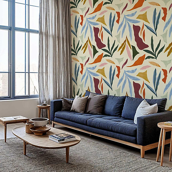 Papier peint beige avec grandes formes végétales aux allures abstraites - 510x260 cm (l x h)