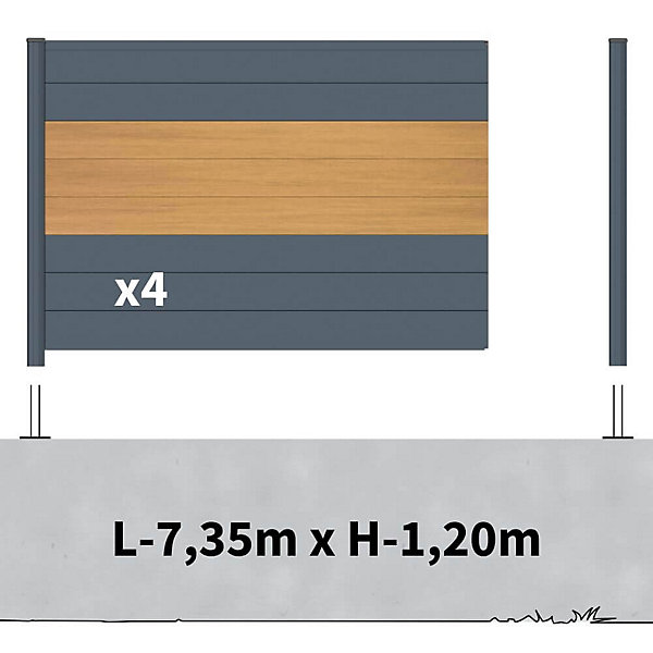 Kit clôture aluminium sur muret poteau sur platines - BAHIA &CRUZ Cèdre H-1,2m