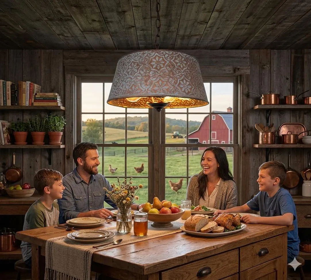 Ornate Copper Farmhouse Chandelier Light Dining Room Lighting Fixture Flush Mount Metal Kitchen Bathroom Cabin Cottage Lodge Office AirBnb