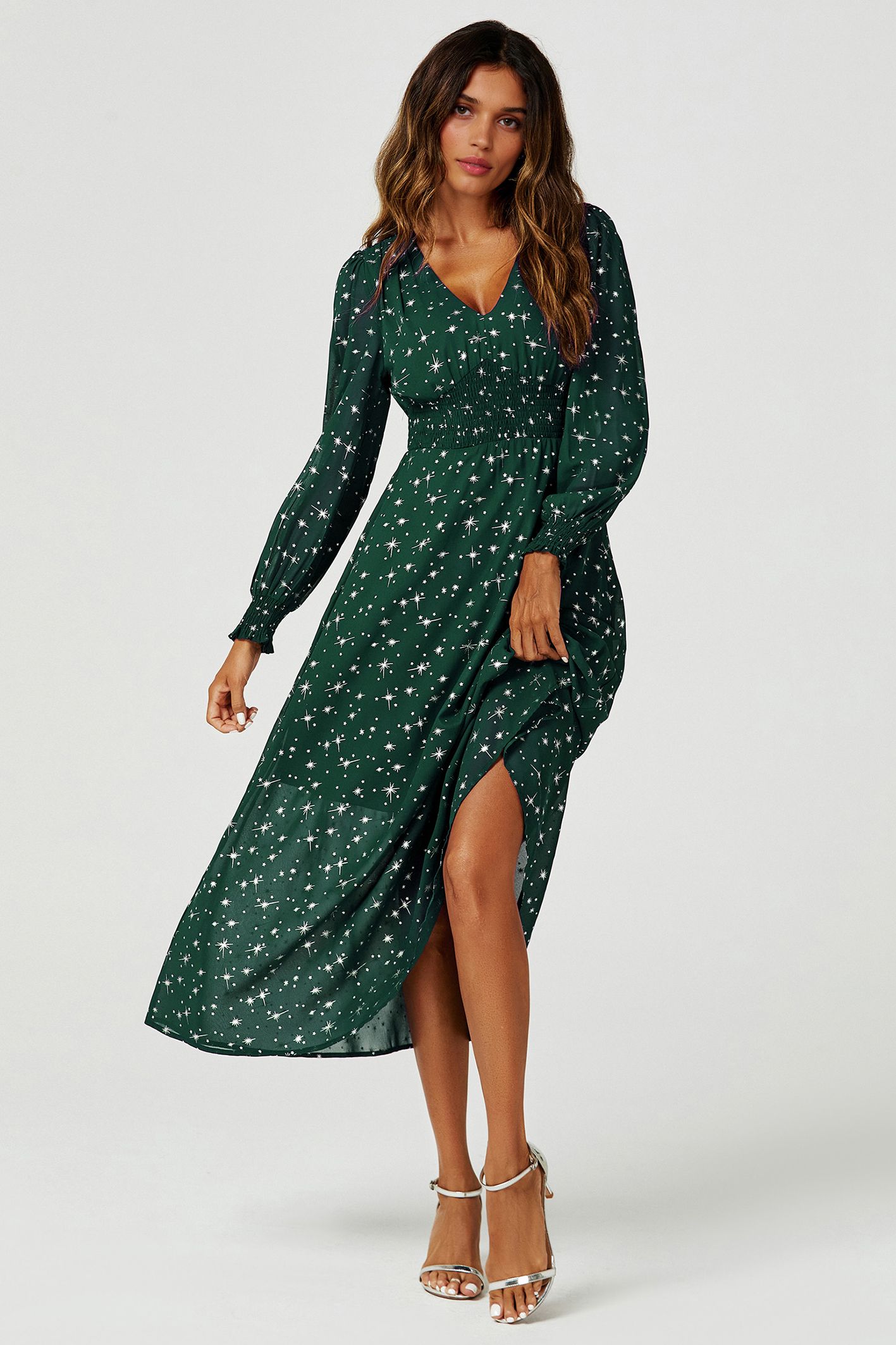 FS Collection Sliver Star Foil V Neckline Long Sleeve Maxi Dress In Green