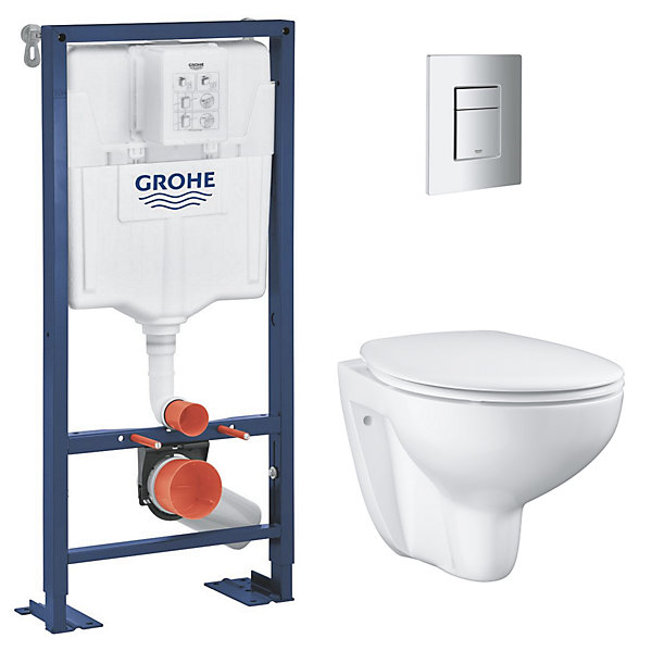 Grohe SOLIDO Pack Bâti-support   Cuvette suspendue   Abattant   Plaque chrome (AUTOPORTANT-BAU-1)