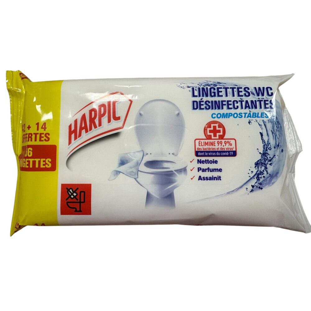 Lingettes WC x56 Harpic désinfectantes compostables nettoie parfume assainit