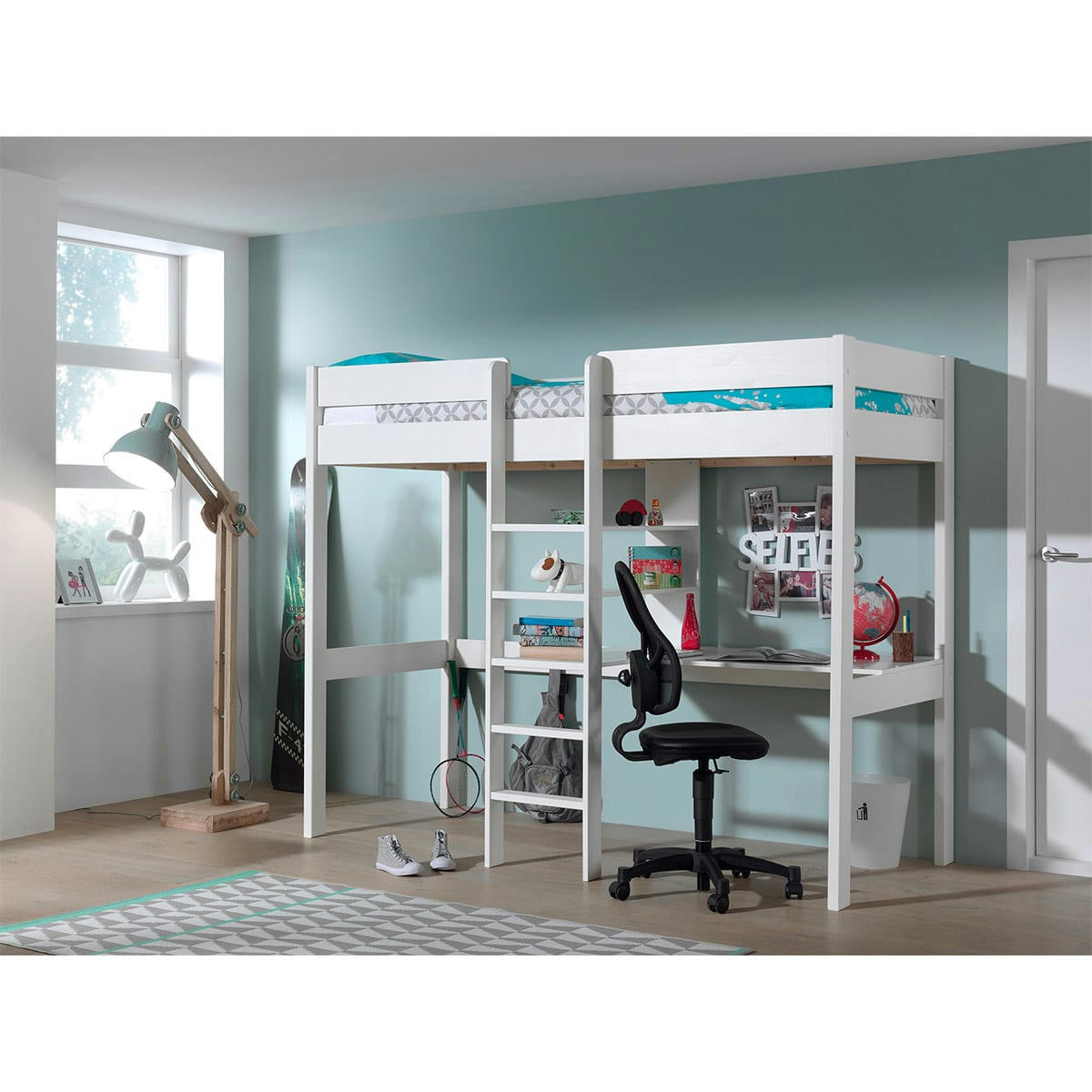 PINO - Lit mezzanine 90x200 sommier inclus bureau blanc
