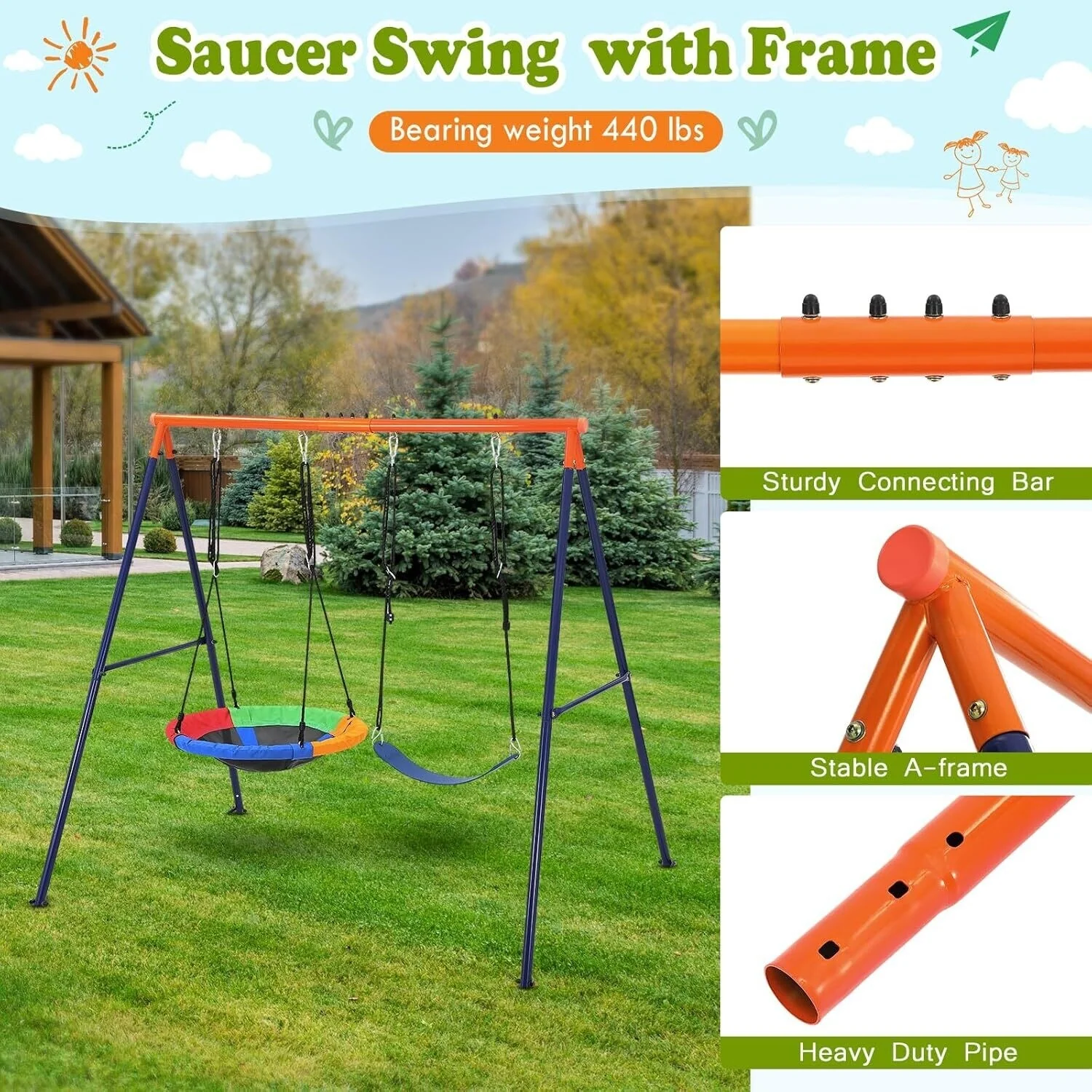 45 Inch Outdoor Children's Swing, 2 Seater