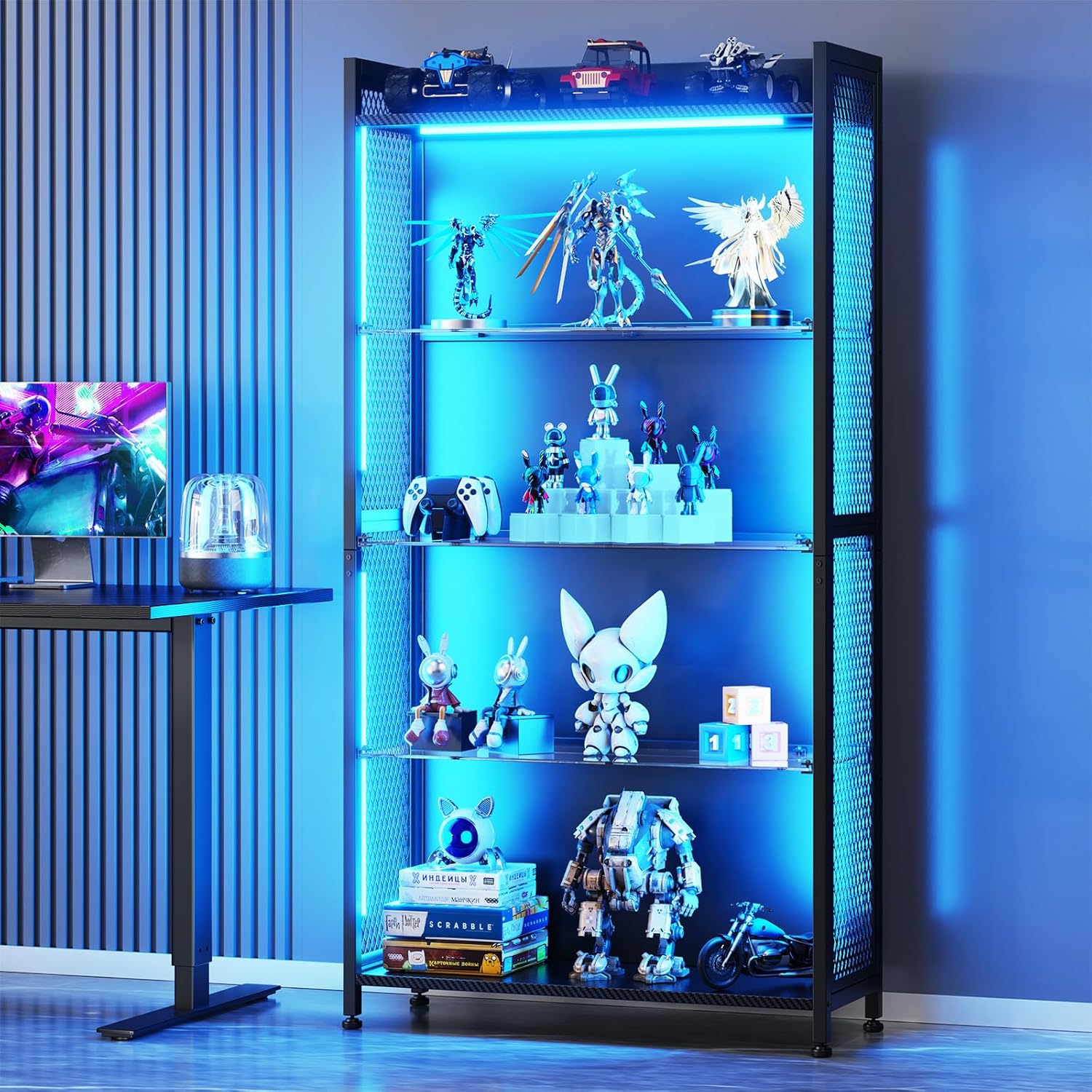 AODK Display Case with LED Lights, Display Cabinet with Glass Storage Shelves and Industrial Metal Mesh, 4-Tier Display Shelf for Collectibles, Curio Cabinet with Open Shelf, Black Book Shelf