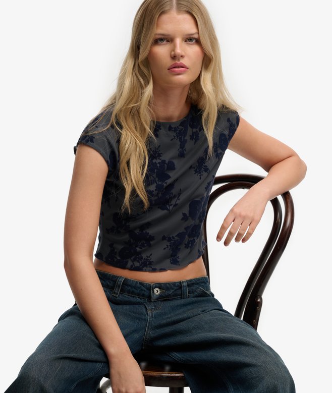 Flocked Mesh Short Sleeve Top