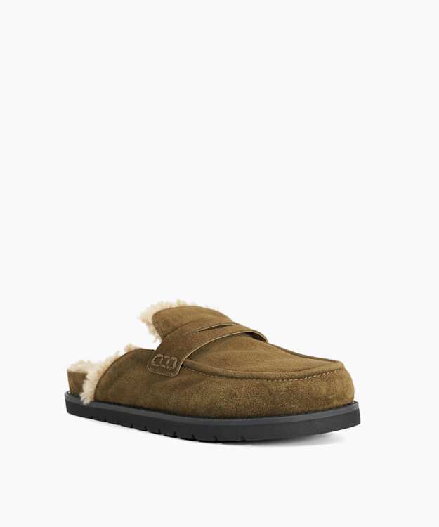 Goldy Khaki - Faux Shearling Lined Backless Mule Suede Loafers