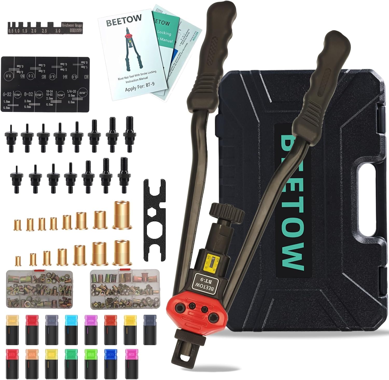 BEETOW Professional Rivet Nut Tool Kit – 16'' Rivnut Gun with 15 SAE & Metric Mandrels (M3–M12, #6, #8, #10, 1/4, 5/16, 3/8, 1/2'') & 200 Nutserts, Stroke Widgets, for Automotive & Metal Repair