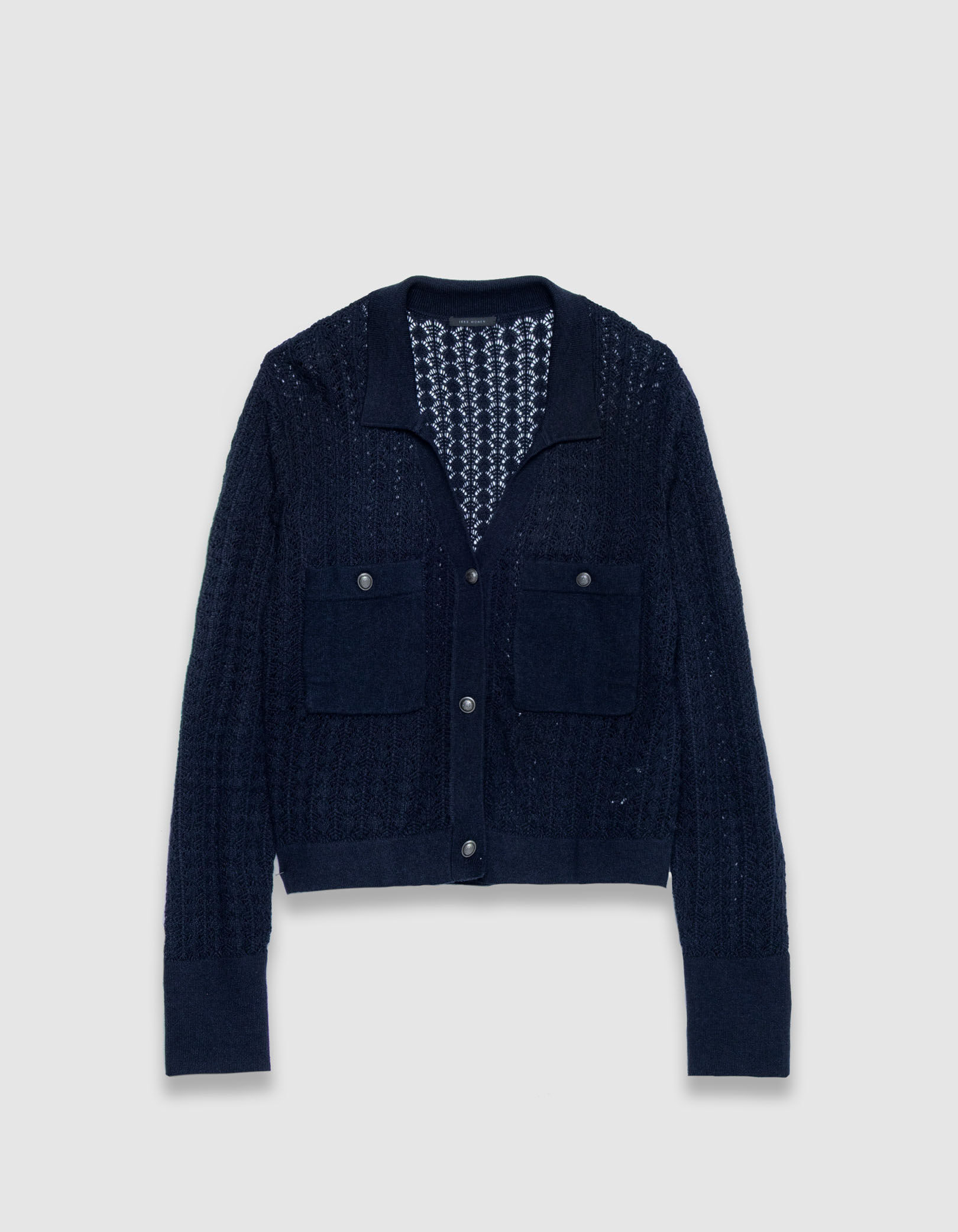 Cardigan court marine tricot fantaisie ajouré Femme