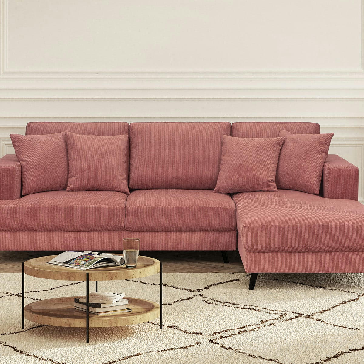 MARCEAU - Canapé d'angle droit convertible 4 places en velours côtelé terracotta