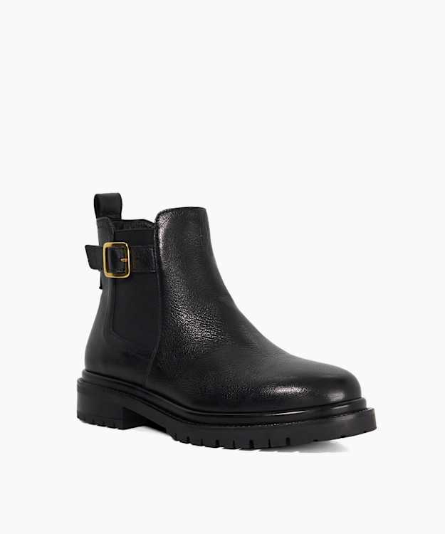Paused Black - Leather Buckle Detail Ankle Boots