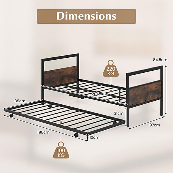 Cadre de Lit Gigogne Lot de 2 Lit Simple Banquette Lattes Métalliques Tête et Pied de Lit Peu Encombrant Pieds Pliants