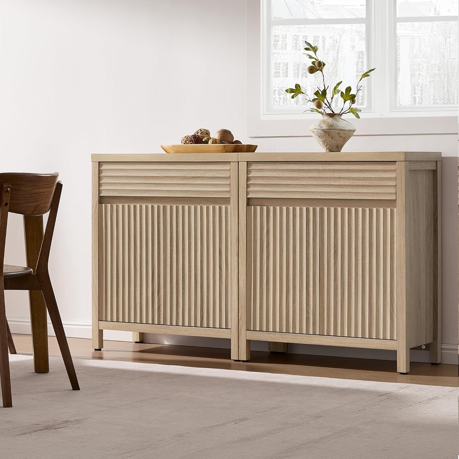 SICOTAS 58 Fluted Buffet Cabinet with Storage, Modern Farmhouse Sideboard with Drawers & 3-Level Adjustable Shelf, Handle-Less Coffee Bar Console Table for Kitchen Living Room Entryway, Light Oak
