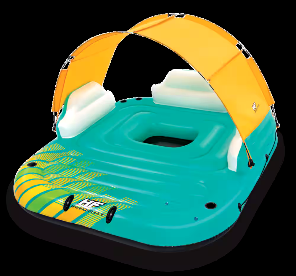 HydroForce™ Sunny Lounge Inflatable Floating River/Lake 6-Person Party Island w/Sunshade, Green/Yellow