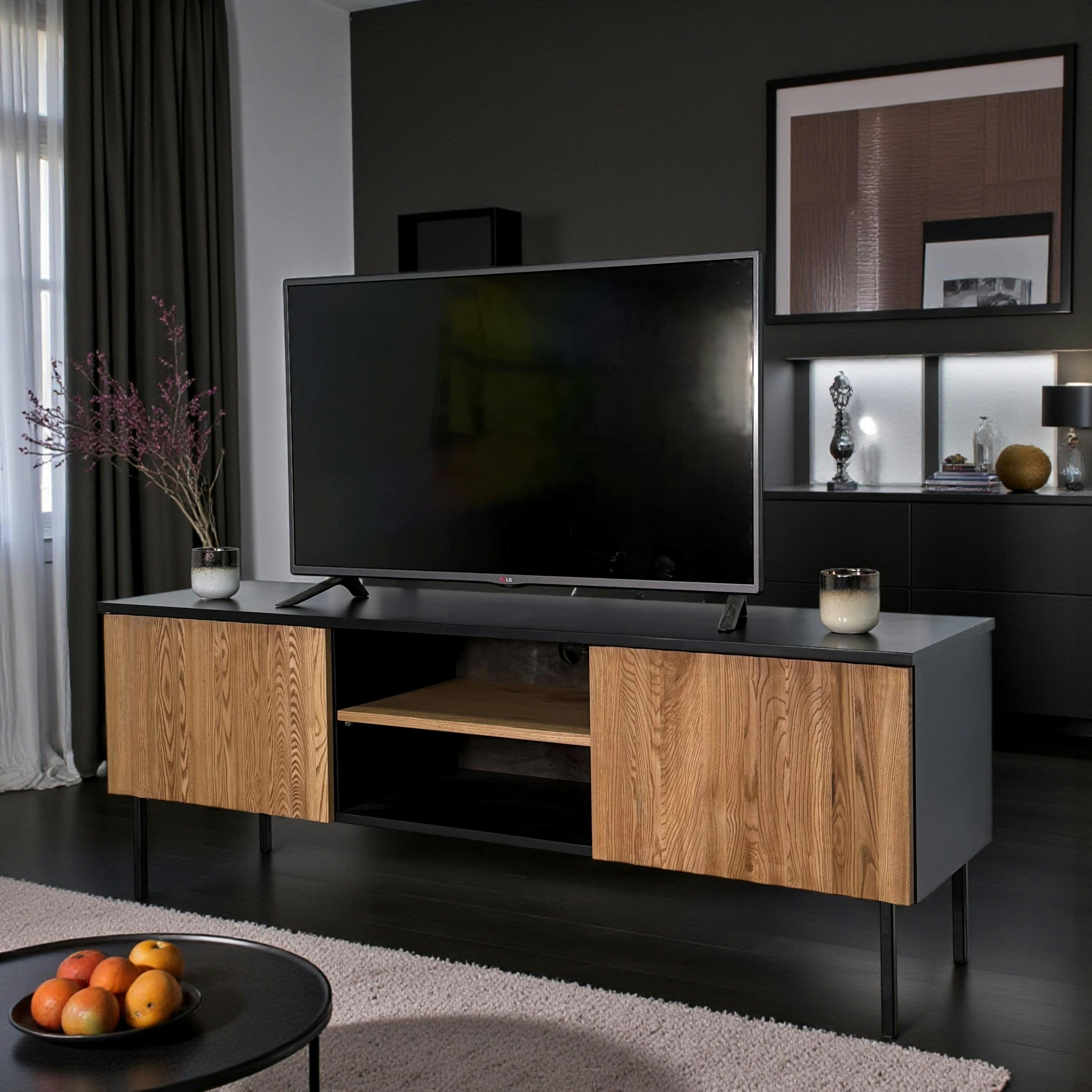 Meuble TV en bois bicolore avec façade ondulée TARAN