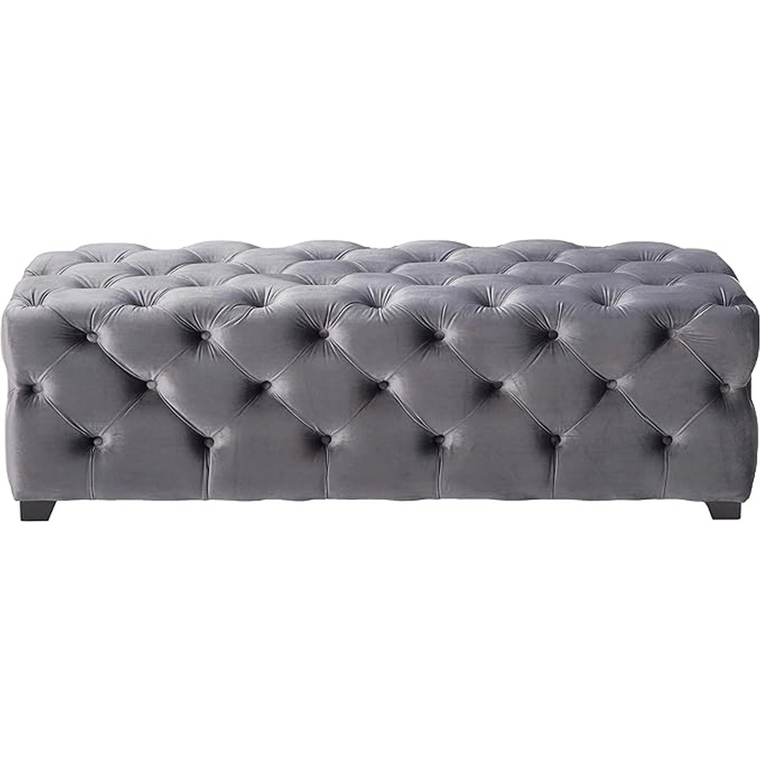 Ottoman Bench, Button Tufted Gray Velvet, Soft Cushions, 51 Inch