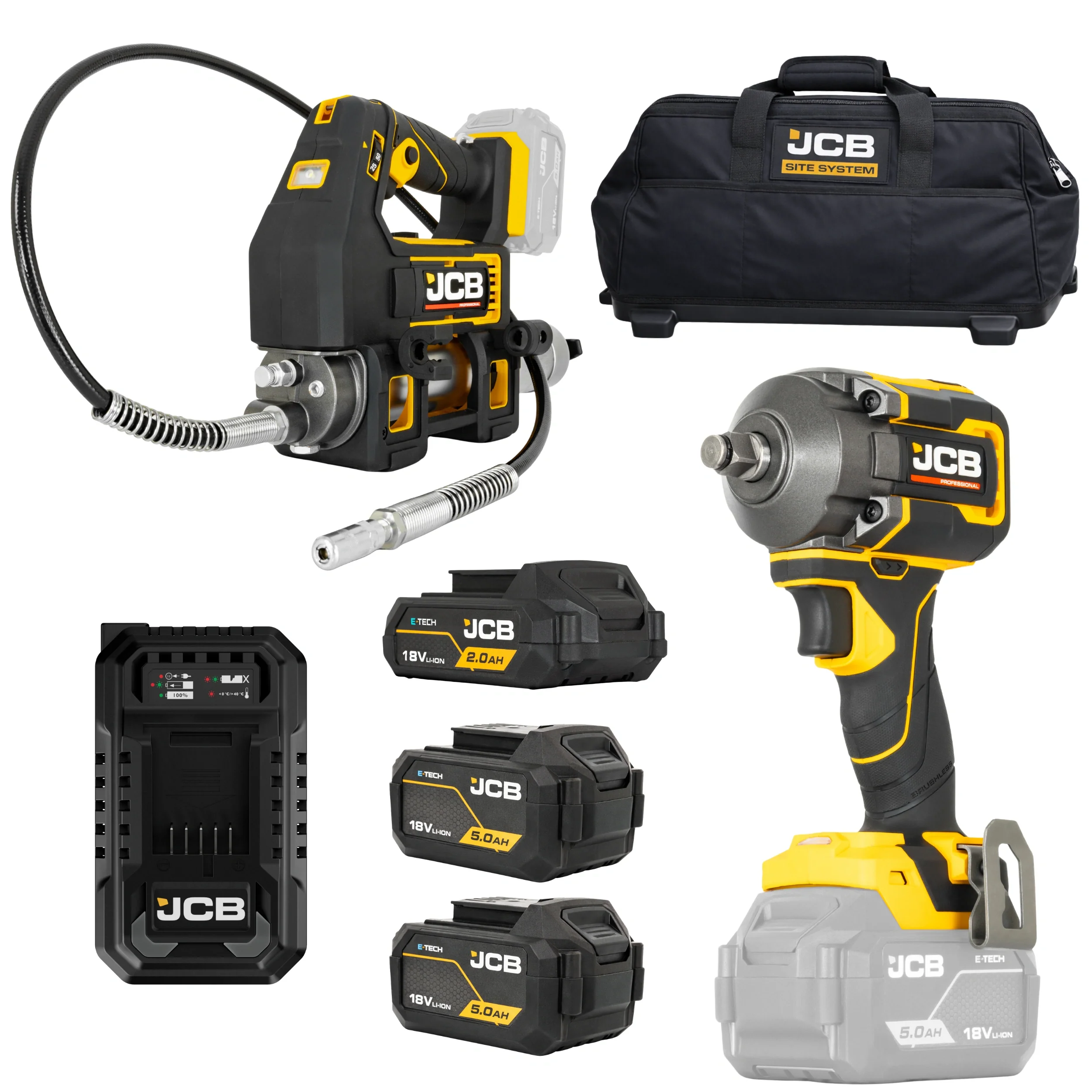 JCB Professional Zestaw Klucz Udarowy 620 Nm Smarownica 700 Bar 18V 2 Ah 2x 5 Ah Ładowarka Torba