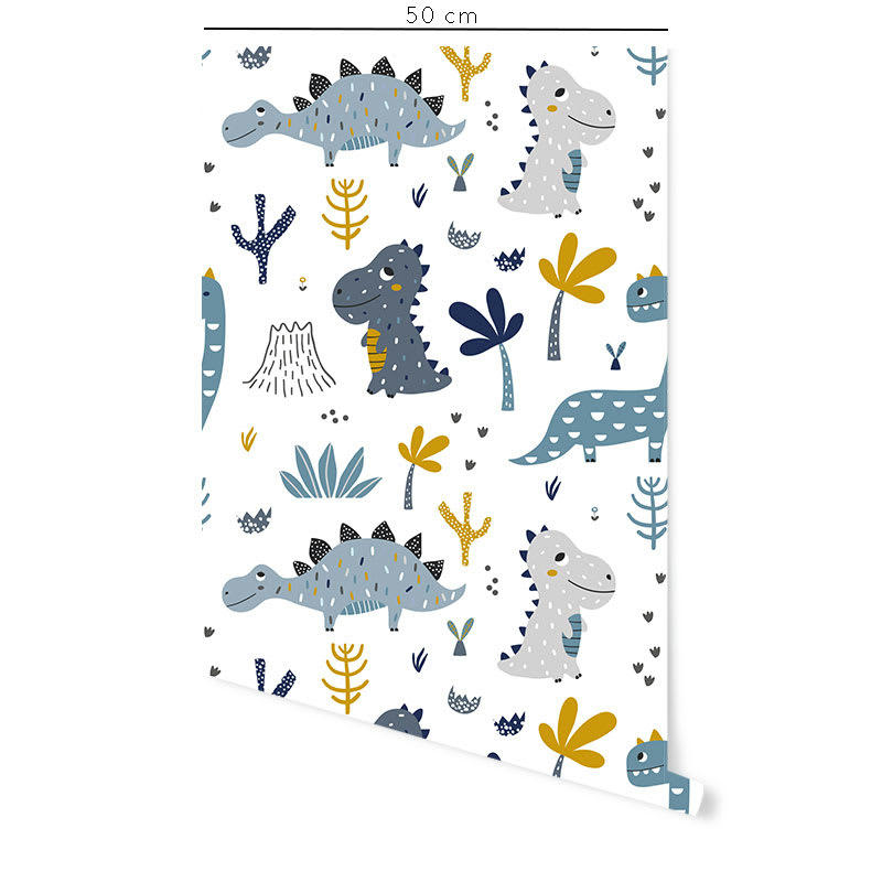 DINOS - Papier peint vinyle adhésif dinosaures bleu et moutarde 50x300 cm