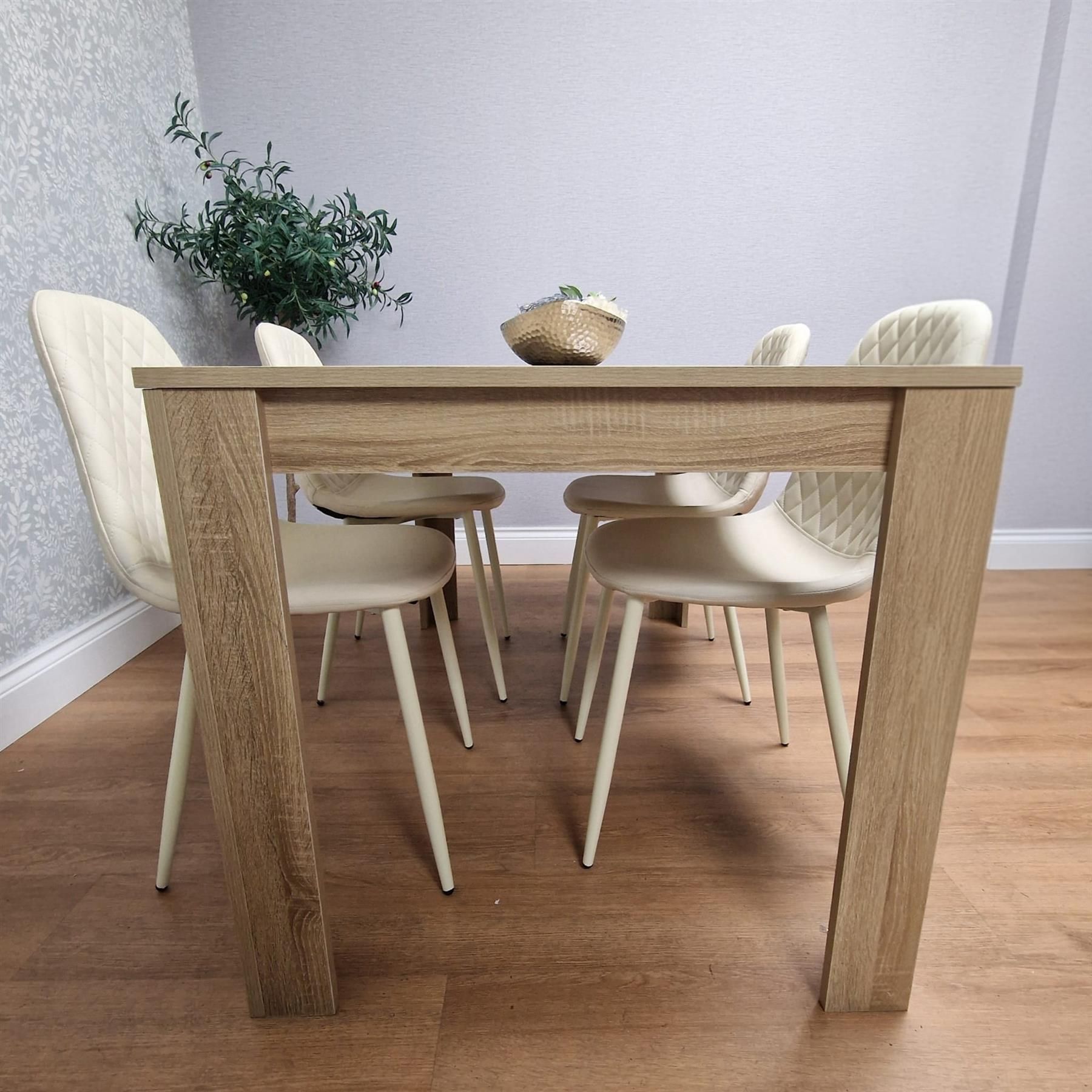 KOSY KOALA Oak Effect Dining with 4 Cream Gem Pattern Faux Leather Chairs
